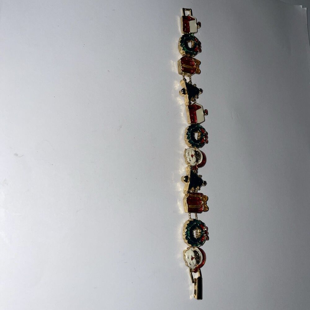 Vintage Christmas Enamel Slide Charm Bracelet Gold Tone 7.25" NOS